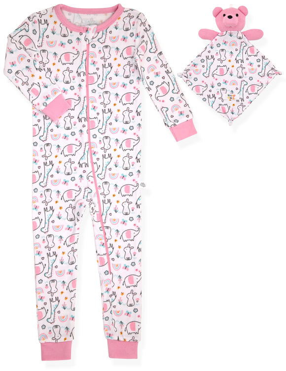 Girls Long Sleeve Super Soft Snuggle Jersey Zip-Up Coverall Pajama with Blankey Buddy- Animal Wonderland. - Sleep On It Kids