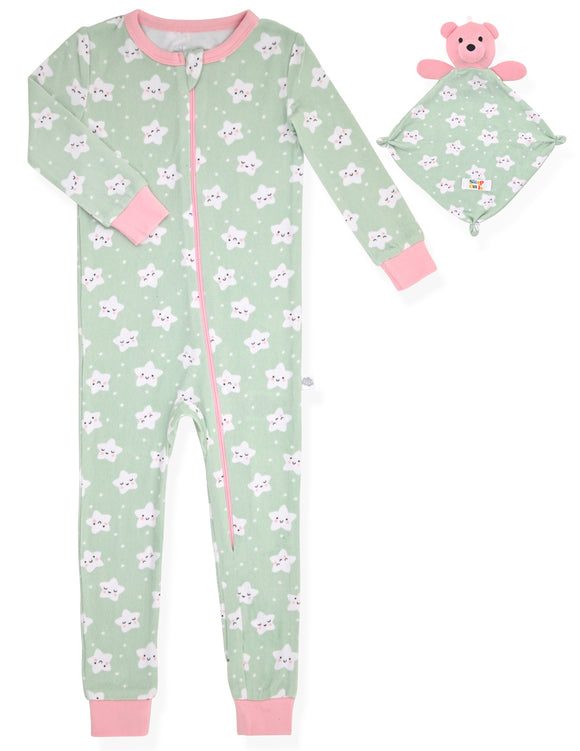 Girls Long Sleeve Super Soft Snuggle Jersey Zip-Up Coverall Pajama with Blankey Buddy- Smiley Stars. - Sleep On It Kids