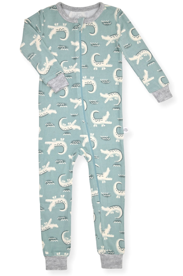 Boys Super Soft Snuggle Jersey Zip-Up Coverall Pajama with Blankey Buddy - Crocodile. - Sleep On It Kids