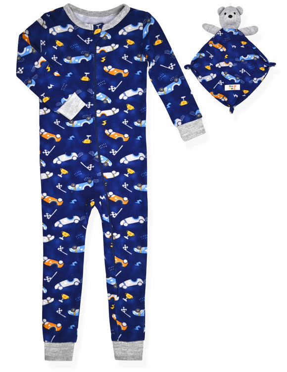 Boys Super Soft Snuggle Jersey Zip-Up Coverall Pajama with Blankey Buddy- Racer - Sleep On It Kids