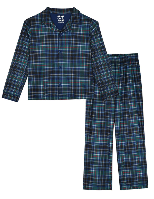 Sleep On It Boys Pajama 2-Piece Jersey Coat Sets - Green Plaid - Sleep On It Kids