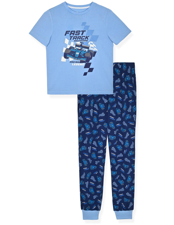 Boys 2-Piece Short-Sleeve Jersey Pajama Pants Set- Fast Track. - Sleep On It Kids