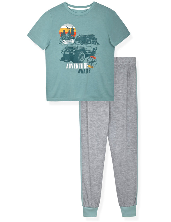 Boys 2-Piece Short-Sleeve Jersey Pajama Pants Set- Adventure Awaits. - Sleep On It Kids