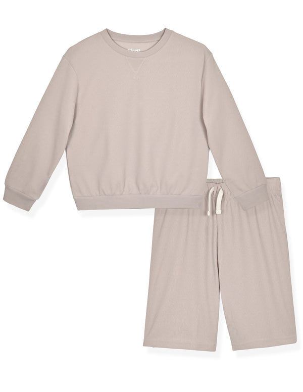 Boys 2-Piece Long-Sleeve Soft Textured Knit Pajama Shorts Set. - Sleep On It Kids
