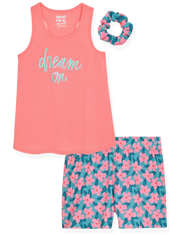 Girls 2-Piece Sleeveless Tank-Top Jersey Pajama Shorts Set with Hair Scrunchie - Dream On. - Sleep On It Kids