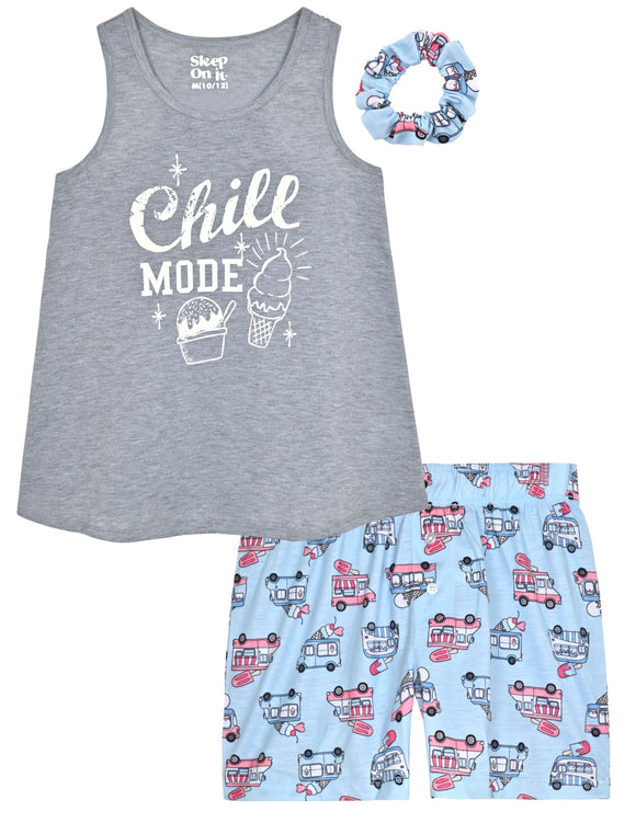 Girls 2-Piece Sleeveless Tank-Top Jersey Pajama Shorts Set with Hair Scrunchie- Chill Mode. - Sleep On It Kids