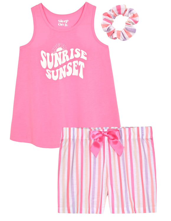 Girls 2-Piece Sleeveless Tank-Top Jersey Pajama Shorts Set with Hair Scrunchie- Sunrise Sunset. - Sleep On It Kids