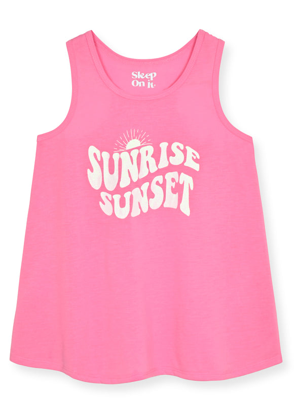 Girls 2-Piece Sleeveless Tank-Top Jersey Pajama Shorts Set with Hair Scrunchie- Sunrise Sunset. - Sleep On It Kids