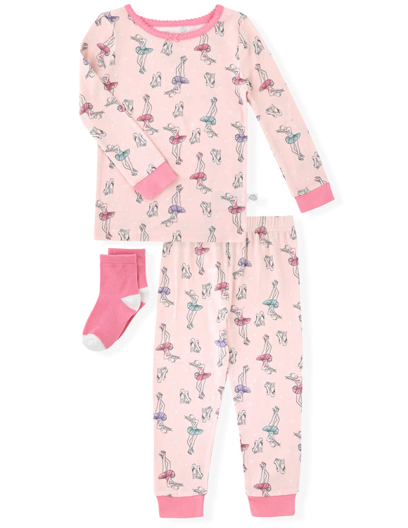 Sleep On It Infant & Toddler Girls 2-Piece Super Soft Jersey Snug-Fit Pajama Set with Matching Socks - Ballet - Sleep On It Kids