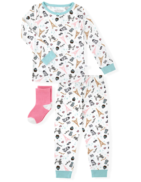 Sleep On It Infant & Toddler Girls 2-Piece Super Soft Jersey Snug-Fit Pajama Set with Matching Socks - Paris - Sleep On It Kids