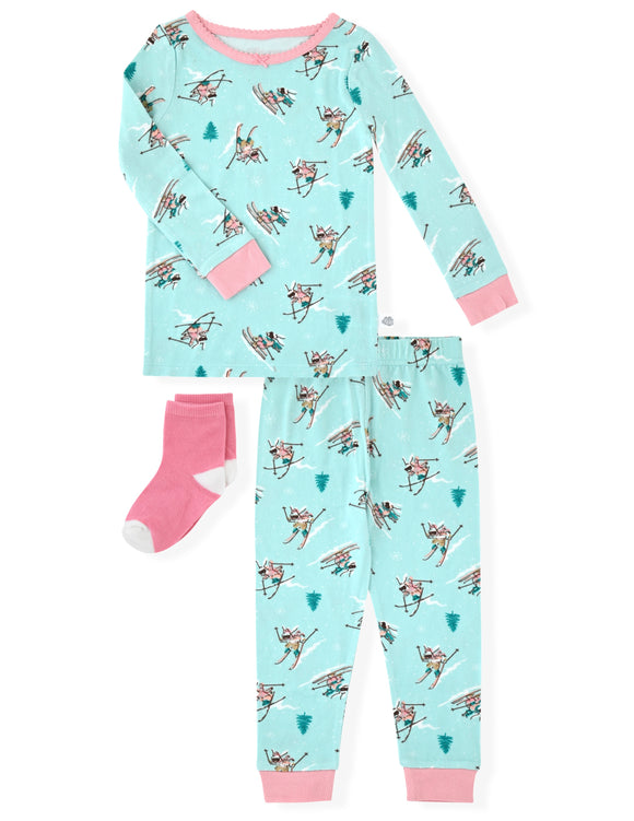 Sleep On It Infant & Toddler Girls 2-Piece Super Soft Jersey Snug-Fit Pajama Set with Matching Socks - Apres Ski - Sleep On It Kids