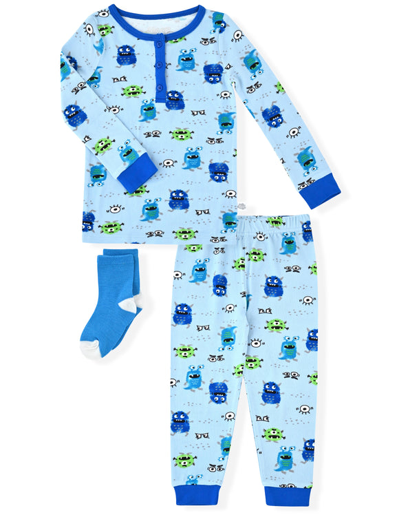 Sleep On It Infant & Toddler Boys 2-Piece Super Soft Jersey Snug-Fit Pajama Set with Matching Socks - Monsters - Sleep On It Kids