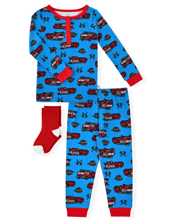 Sleep On It Infant & Toddler Boys 2-Piece Super Soft Jersey Snug-Fit Pajama Set with Matching Socks - Fire Trucks - Sleep On It Kids