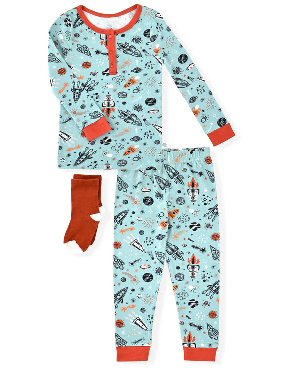 Sleep On It Infant & Toddler Boys 2-Piece Super Soft Jersey Snug-Fit Pajama Set with Matching Socks - Space - Sleep On It Kids