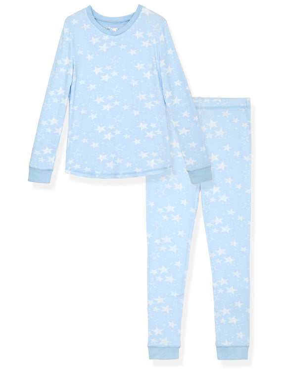 Girls 2-Piece Super Soft Jersey Snug-Fit Pajama Set- Stars, Light Blue Pajama Set for Toddlers and Girls - Sleep On It Kids