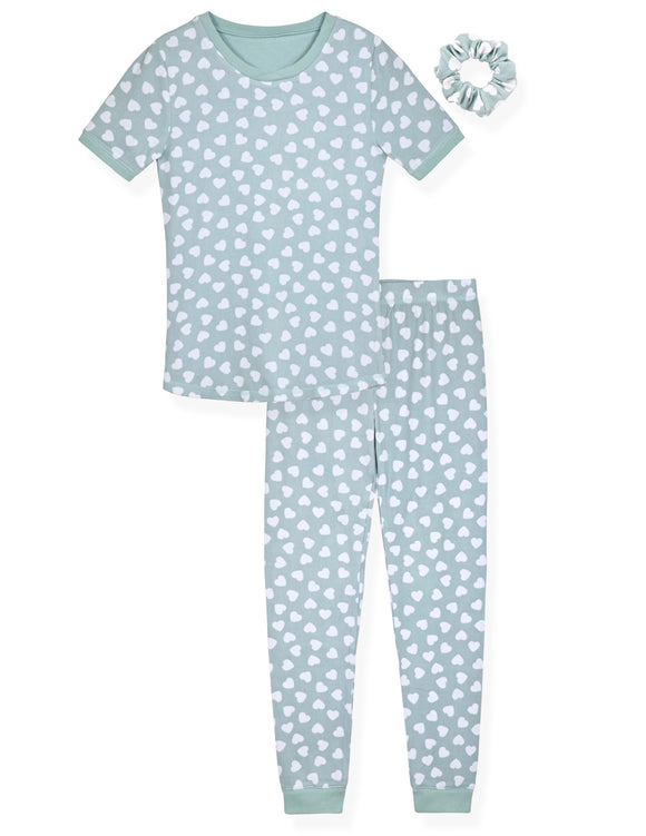 Girls 2-Piece Super Soft Jersey Snug Fit Pajama Set- White Hearts, Mint Green Toddler Girls Pajama Set with Matching Scrunchie. - Sleep On It Kids