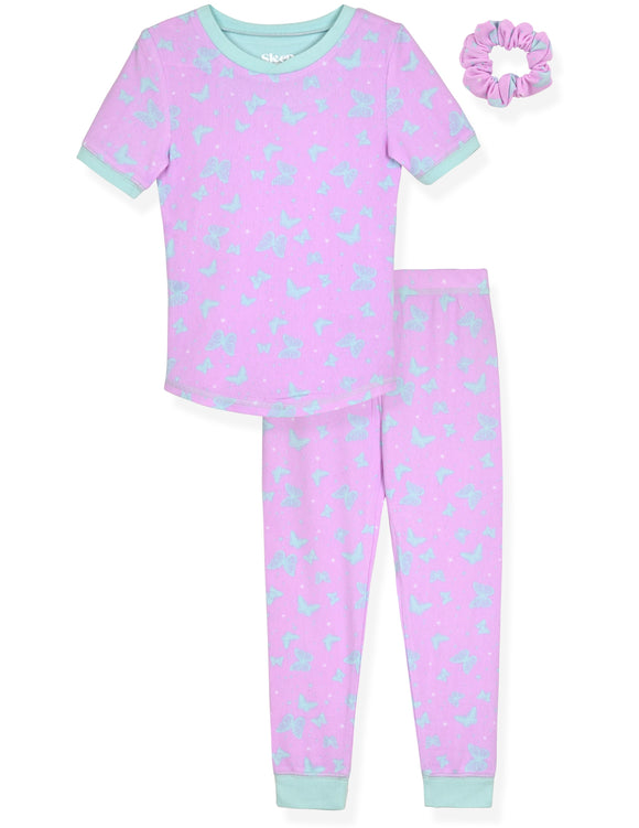 Girls 2-Piece Super Soft Jersey Snug Fit Pajama Set- Butterflies Delight, Purple & Blue - Sleep On It Kids