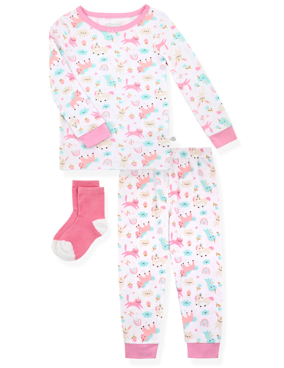 Infant Girls 2-piece Super Soft Jersey Snug-Fit Pajama Set with Socks- Magical Animals - Sleep On It Kids