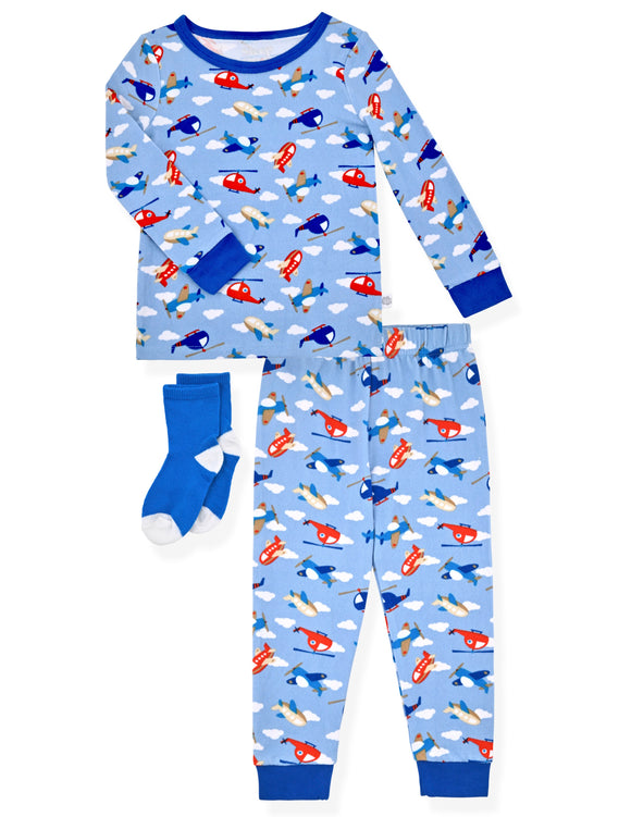 Boys 2-Piece Super Soft Jersey Snug-Fit Pajama Set with Socks - Sky Adventure. - Sleep On It Kids