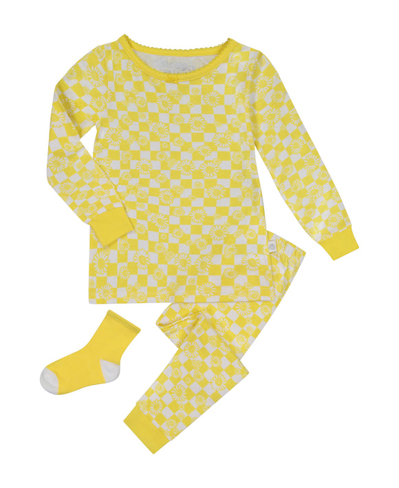Infant/Toddler Girls Daisy Check Snug Fit 2-Piece Pajama Sleep Set With Matching Socks - Sleep On It Kids
