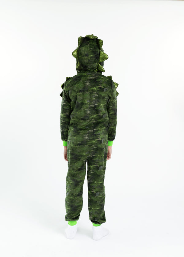 Boys Camo Dino Zip-Up Hooded Sleeper Pajama with Built Up 3D Character Hood - Sleep On It Kids