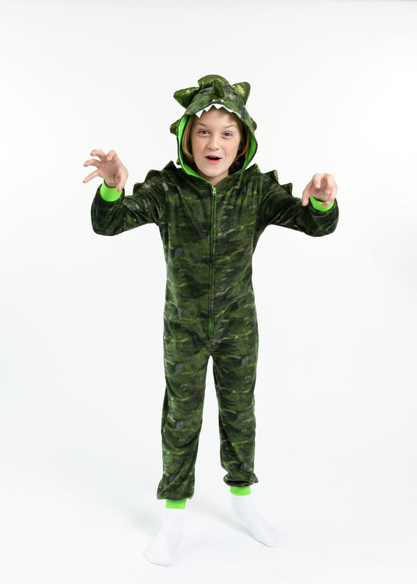 Boys Camo Dino Zip-Up Hooded Sleeper Pajama with Built Up 3D Character Hood - Sleep On It Kids