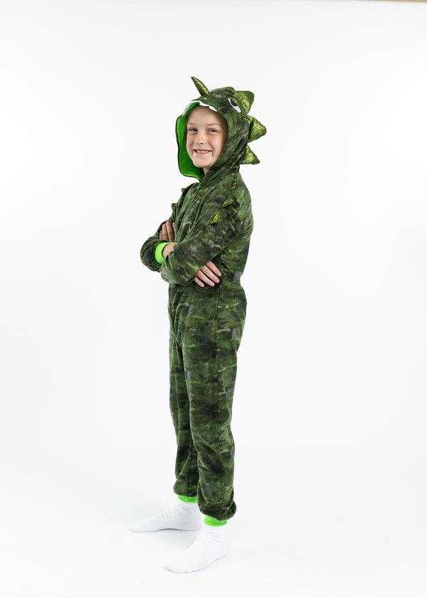 Boys Camo Dino Zip-Up Hooded Sleeper Pajama with Built Up 3D Character Hood - Sleep On It Kids