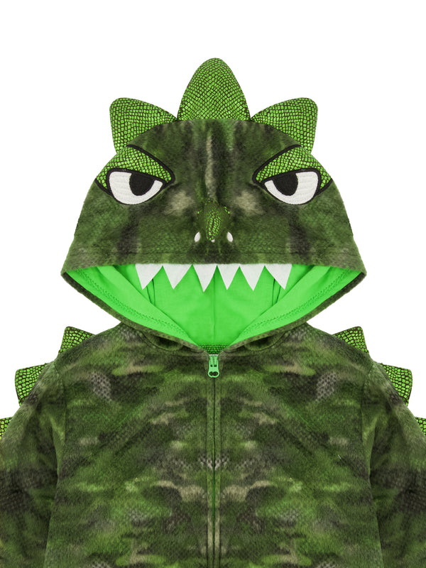Boys Camo Dino Zip-Up Hooded Sleeper Pajama with Built Up 3D Character Hood - Sleep On It Kids