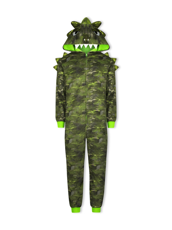 Boys Camo Dino Zip-Up Hooded Sleeper Pajama with Built Up 3D Character Hood - Sleep On It Kids