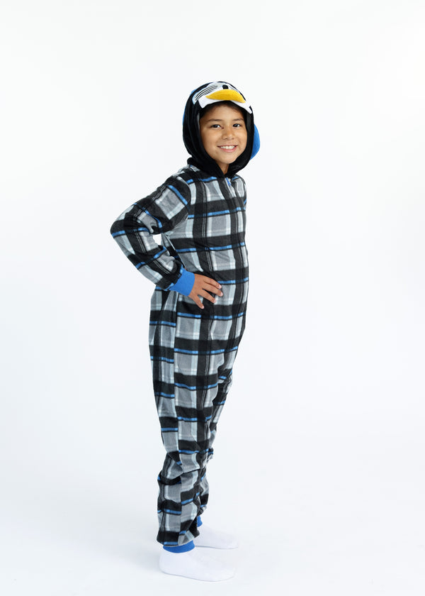 Boys Cool Penguin Zip-Up Hooded Sleeper Pajama with Built Up 3D Character Hood - Sleep On It Kids