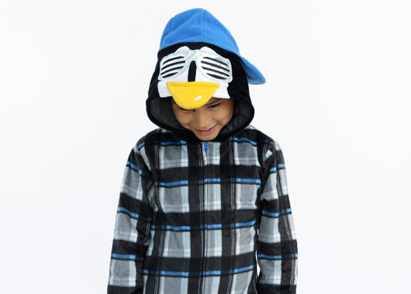 Boys Cool Penguin Zip-Up Hooded Sleeper Pajama with Built Up 3D Character Hood - Sleep On It Kids