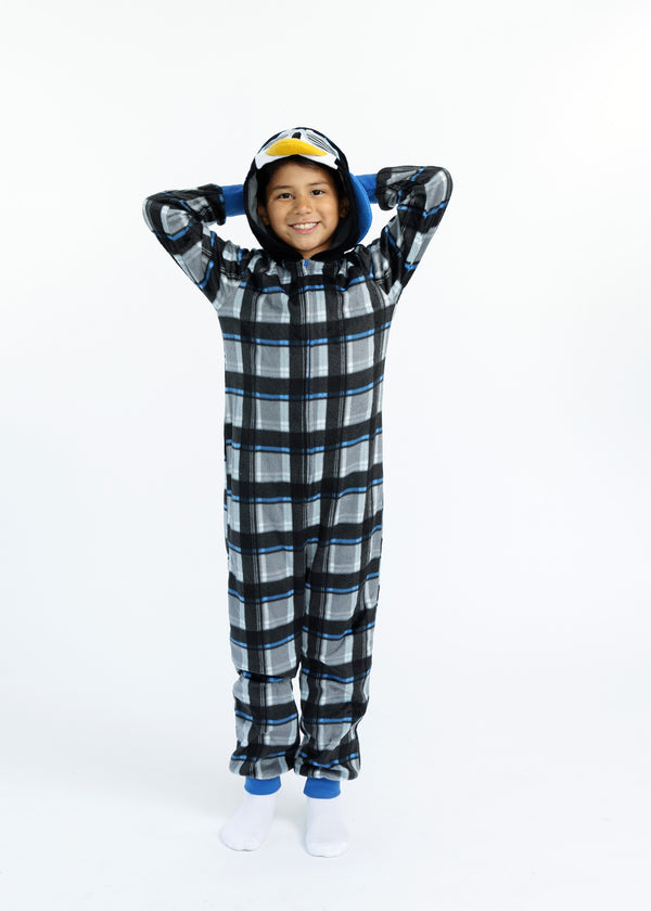 Boys Cool Penguin Zip-Up Hooded Sleeper Pajama with Built Up 3D Character Hood - Sleep On It Kids