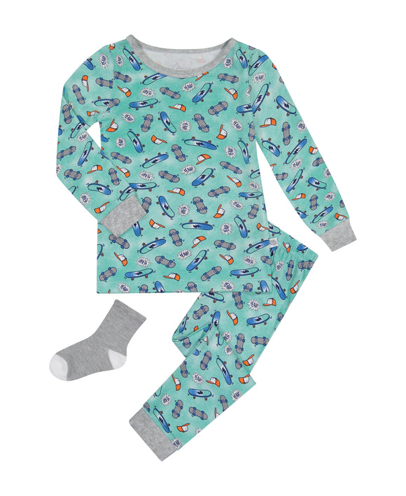 Infant/Toddler Boys Skate On Snug Fit 2-Piece Pajama Sleep Set With Matching Socks - Sleep On It Kids