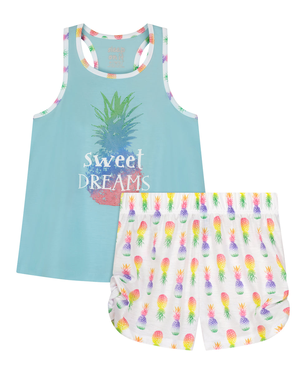 Girls Sweet Pineapple Dreams 2 Piece Tank Pajama Shorts Sleep Set