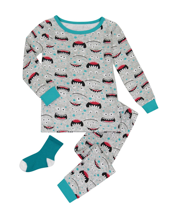 Infant/Toddler Boys Wacky Monster Snug Fit 2-Piece Pajama Sleep Set With Matching Socks - Sleep On It Kids