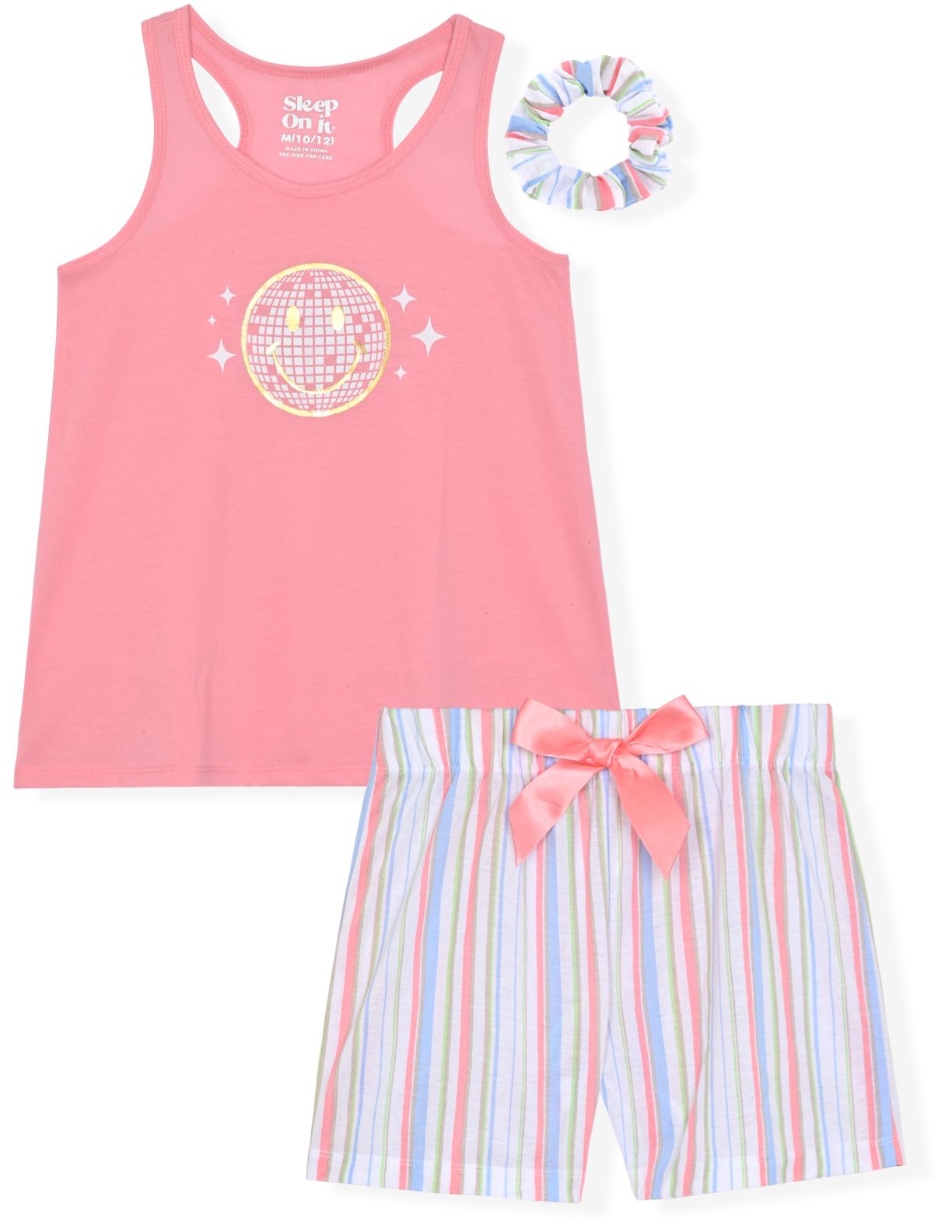 Sleep On It Girls 2-Piece Sleeveless Tank-Top Jersey Pajama Shorts Set with Matching Hair Scrunchie -  Disco - Sleep On It Kids