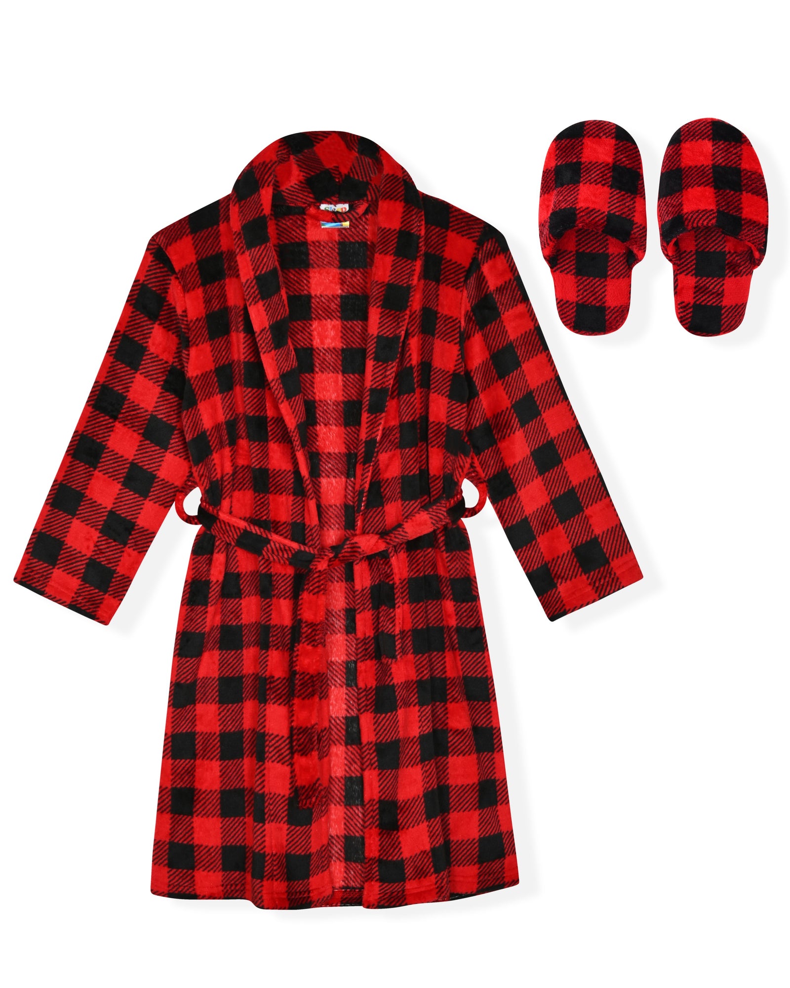 Sleep On It Boys Flannel Fleece Shawl Collar Robe with Matching Slippers - Red Plaid - Sleep On It Kids