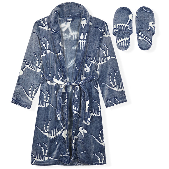 Sleep On It Boys Fleece Robe With Slippers - Navy Dino - Sleep On It Kids