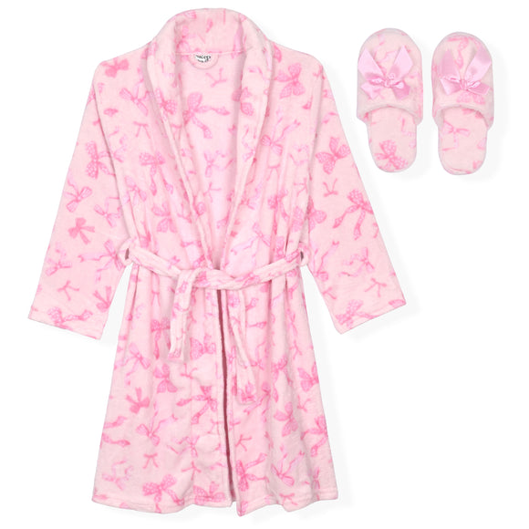 Sleep On It Girls Fleece Robe With Slippers - Pink Bow - Sleep On It Kids