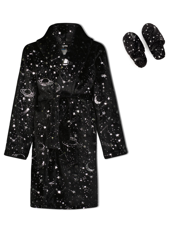 Boys Outer Space Plush Fleece Shawl Collar Robe with Matching Slippers - Sleep On It Kids