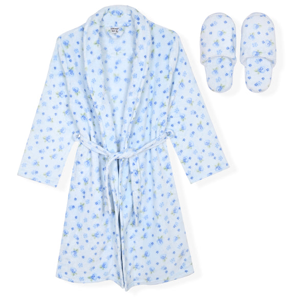Sleep On It Girls Fleece Robe With Slippers - Blue Floral - Sleep On It Kids