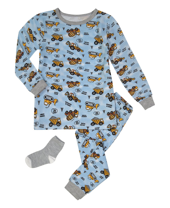 Sleep On It Infant/Toddler Boys Construction Zone Snug Fit 2-Piece Pajama Sleep Set with Matching Socks - Blue - Sleep On It Kids