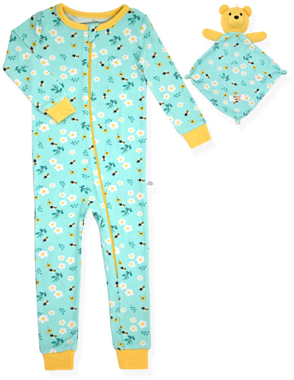 Girls Long Sleeve Super Soft Snuggle Jersey Zip-Up Coverall Pajama with Blankey Buddy- Floral, Blue. - Sleep On It Kids