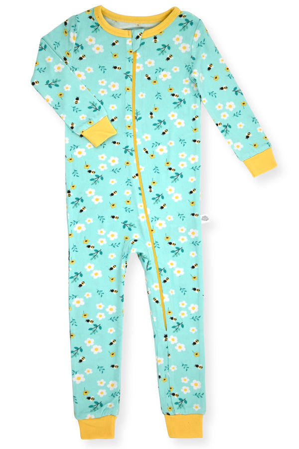 Girls Long Sleeve Super Soft Snuggle Jersey Zip-Up Coverall Pajama with Blankey Buddy- Floral, Blue. - Sleep On It Kids
