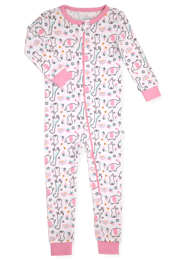 Girls Long Sleeve Super Soft Snuggle Jersey Zip-Up Coverall Pajama with Blankey Buddy- Animal Wonderland. - Sleep On It Kids