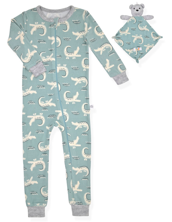 Boys Super Soft Snuggle Jersey Zip-Up Coverall Pajama with Blankey Buddy - Crocodile. - Sleep On It Kids