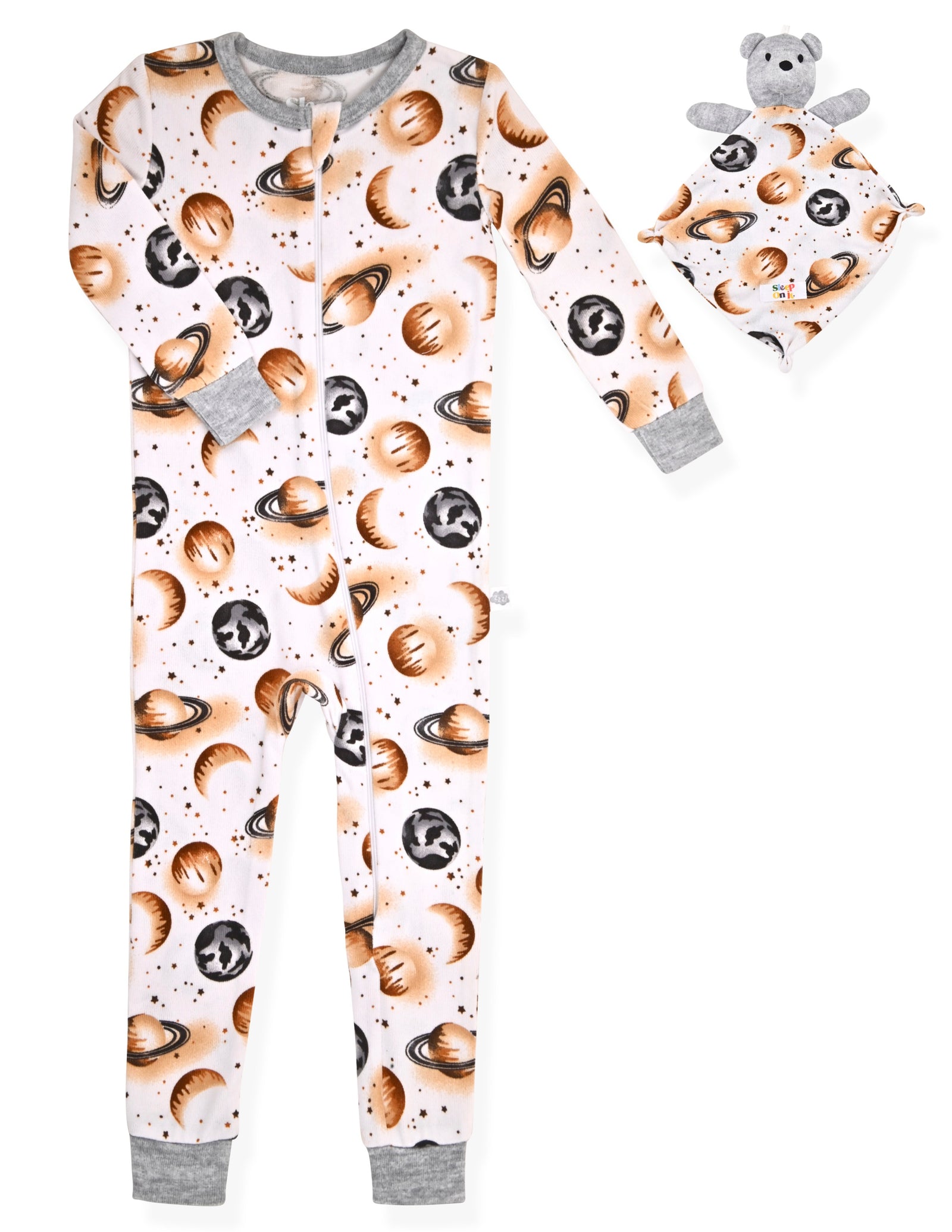 Boys Super Soft Snuggle Jersey Zip-Up Coverall Pajama with Blankey Buddy - Planets. - Sleep On It Kids