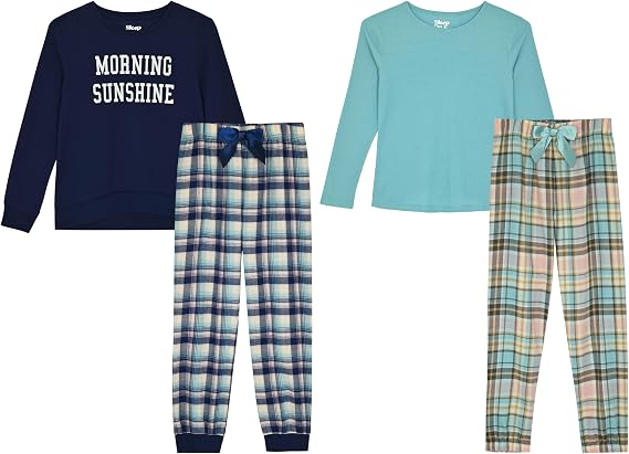 Sleep On It Girls 4-Piece Woven Flannel Plaid Pajama Sets - Light Blue and Navy Blue - Sleep On It Kids
