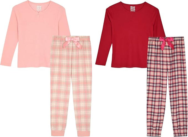 Sleep On It Girls 4-Piece Woven Flannel Plaid Pajama Sets - Pink and Red - Sleep On It Kids