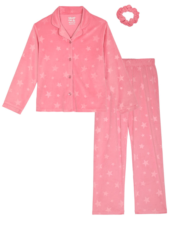 Sleep On It Girls 2-Piece Button-Front Coat Pajama Set with Scrunchie - Velour Stars - Sleep On It Kids